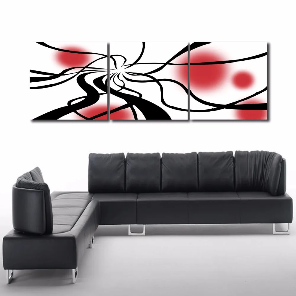 3 Piece Art Set Modern Abstract Black Line Red Circle Picture Oil