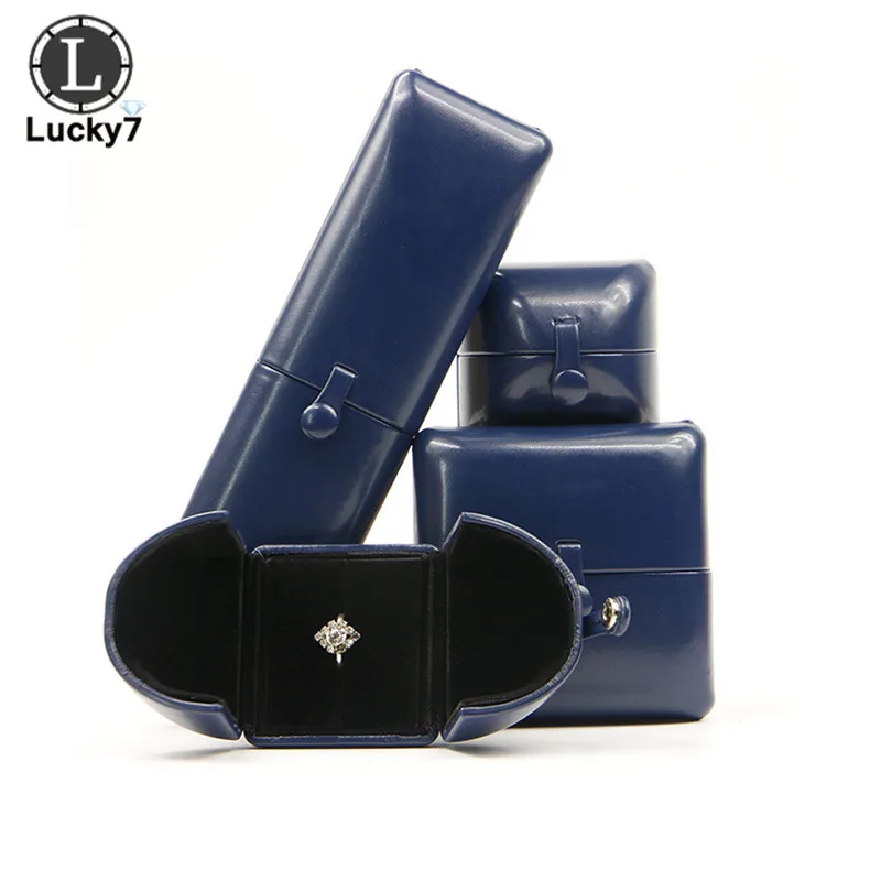 

Simple blue PU leather double open marriage ring jewelry box wedding pendant ring box bracelet necklace wedding gift box
