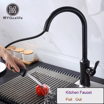 

Black Bronze Pull Down Spout Kitchen Faucet 2 Function Head Kitchen Sink Mixers Deck Mounted Spring Kitchen Mixer Faucet