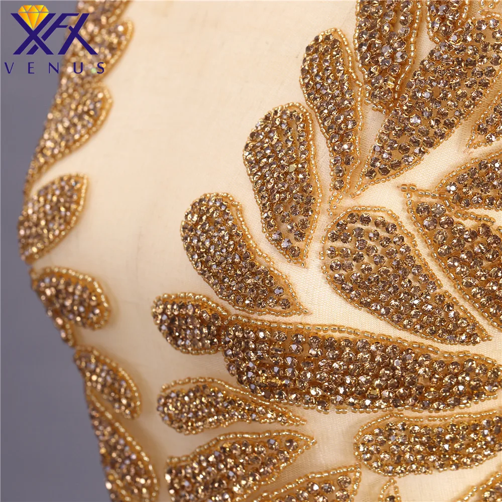 XFX VENUS 1 Set Handmade Gold Shine Rhinestones applique beads patches large size big trimming motif bodice for wedding dresses