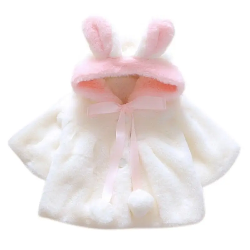 Зимнее плотное пушистое плюшевое пальто с капюшоном для маленьких девочек куртка с помпонами и помпонами на шнуровке с милыми заячьими ушками плиссированная куртка из искусственного меха для детей от 0 до 48 месяцев - Цвет: White 80