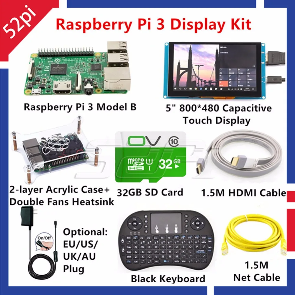 

52Pi Raspberry Pi 3 Model B Kit with 5inch 800*480 Capacitive Touch Display Monitor+32GB Card+5V 2.5A EU/US/UK/AU Power+Keyboard