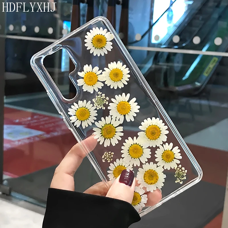 

HDFLYXHJ Dried Real Flower Handmade Clear Pressed Phone Cover For Huawei P20 Lite P30 Mate 10 20 Pro Nova 3 Daisy TPU Soft Cases