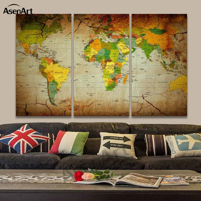 

3 Panel Vintage World Maps Canvas Print Wall Pictures for Living Room Modern Home Wall Decor Canvas Art Painting Unframed