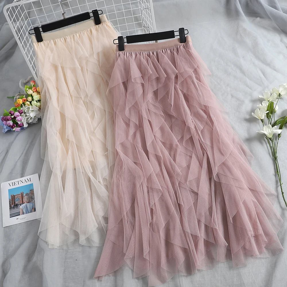 

2018 autumn winter new women's High waist irregular mesh fluffy skirt chic female mid-long half-length skirt