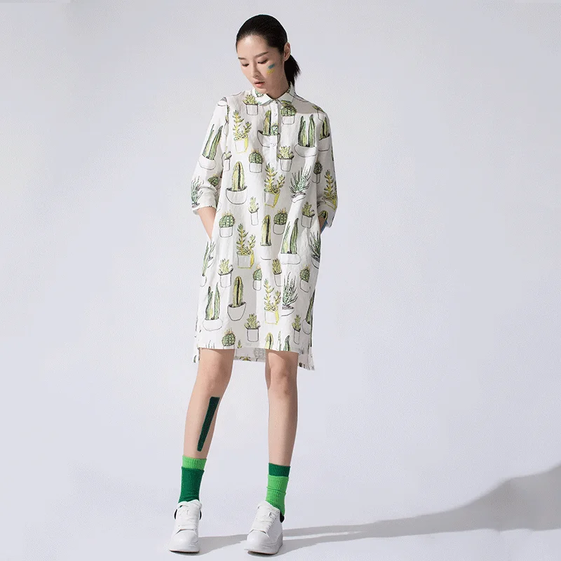 

LYNETTE'S CHINOISERIE Summer Original Design Women Print Loose Ramie Shirt Dresses