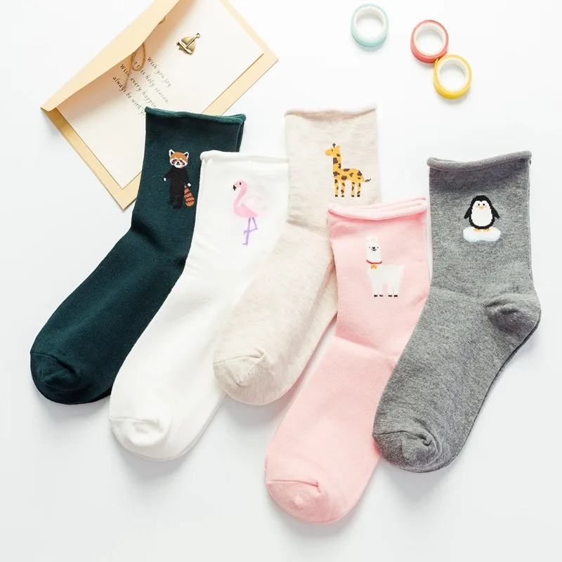 

1 Pair Fashion Japanese Style Chic Flamingo Alpaca Penguin Raccoon Pattern Women's Funny Socks spring and summer Dropshipping