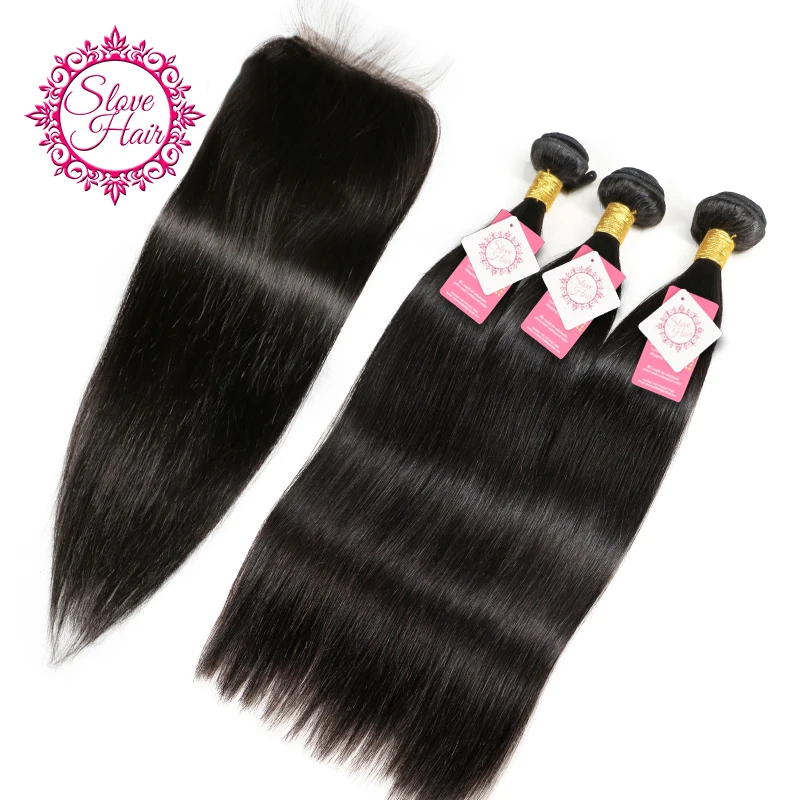 

Human Hair Bundles With Closure Remy Brazilian Straight Hair Weave Bundles Extension Buy 3 Bundle Salon Pack Get Lace Closure