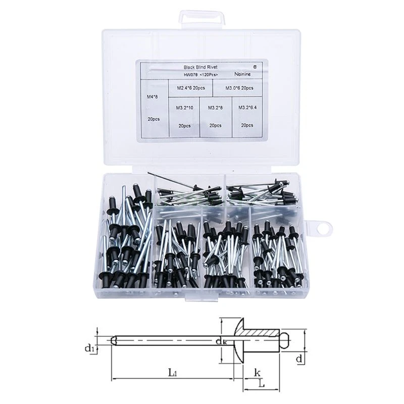 120 шт./компл. M2.4 M3.0 M3.2 M4 черный алюминиевые глухие заклепки для художественного оформления ногтей, заклепок Pop Rivets для мебели Ассортимент Комплект