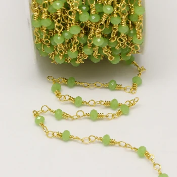 

3x4mm,Faceted Green Glass Beads Chains in Rondelle Abacus Shape,Wire Wrapped Golden Plated Rosary Links DIY Jewelry