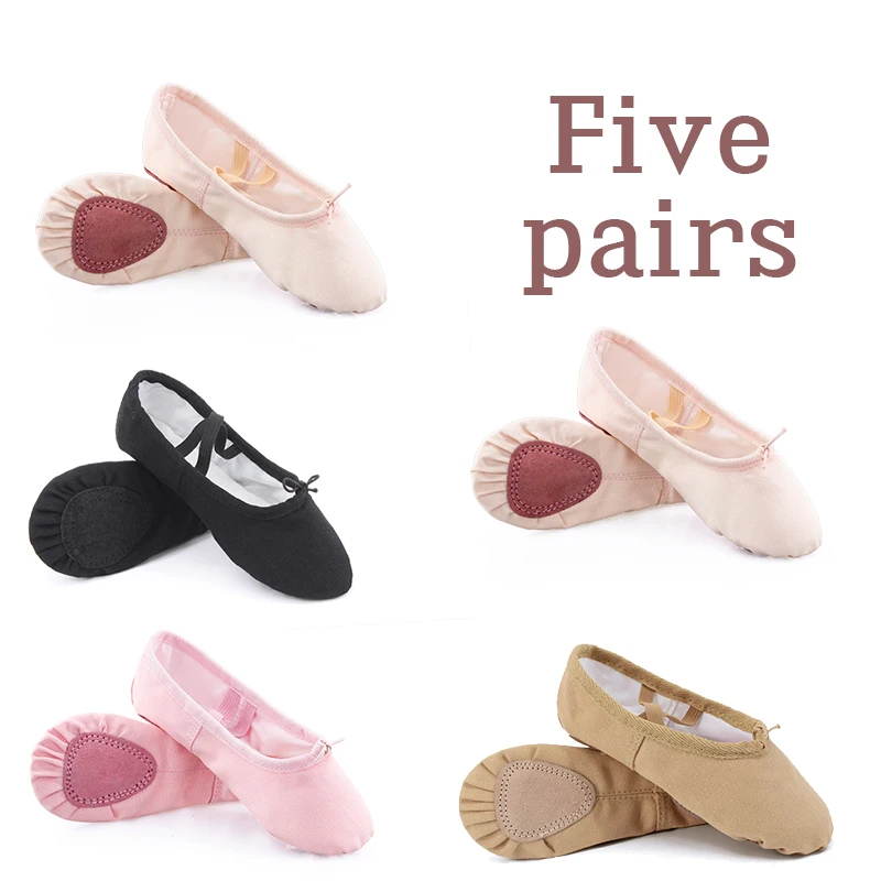 

Wholesale 5 Pairs Girls Ballet Dance Shoes Full Cotton Canvas Split Soft Sole Pink Black Ballet Shoes For Kids