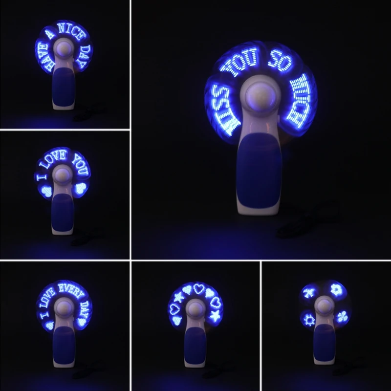 

Brand Portable Mini Fan with LED LOVE Letters Colorful Light Computer Programming Text Light Battery OperatedHand Fans Best Gift