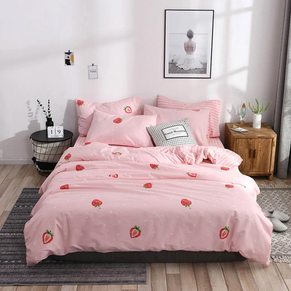 

2019 Pink Strawberry Fruit INS Bedding Set Soft Cotton Bedlinens Scandinavian Queen King Size Duvet Cover Set Pillowcases