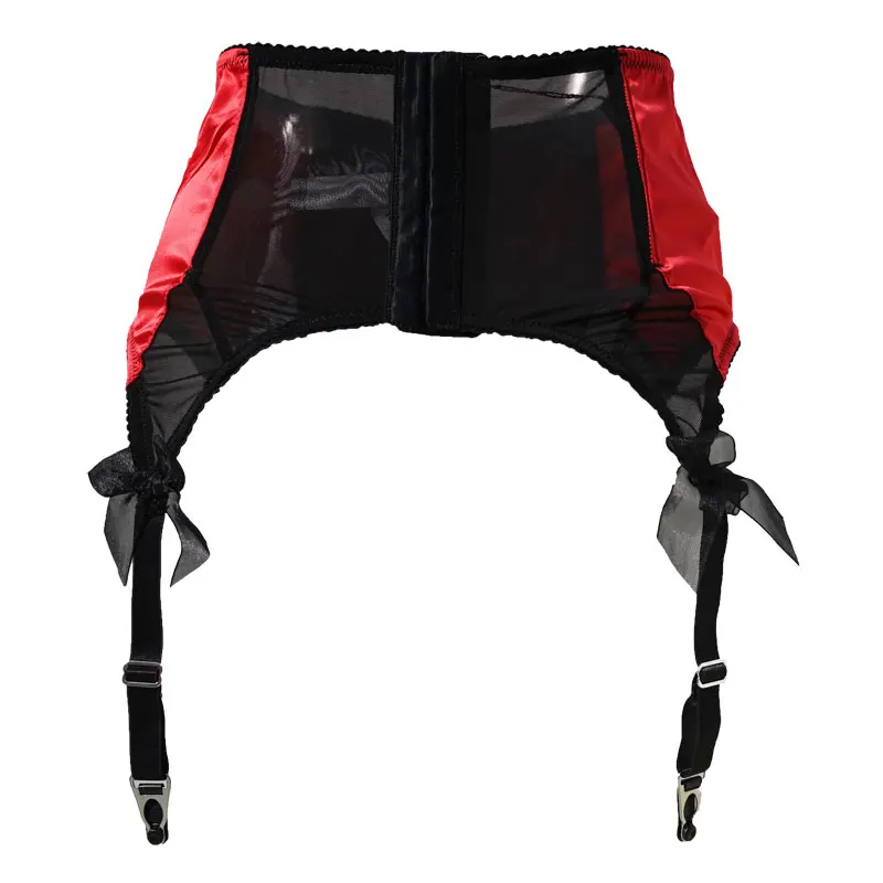 Red Satin Mesh Bow Fishbones Metal Buckles 4 Wide Straps Women/Female/Lady Sexy Garter Belts for stockings Suspender Belt S511R