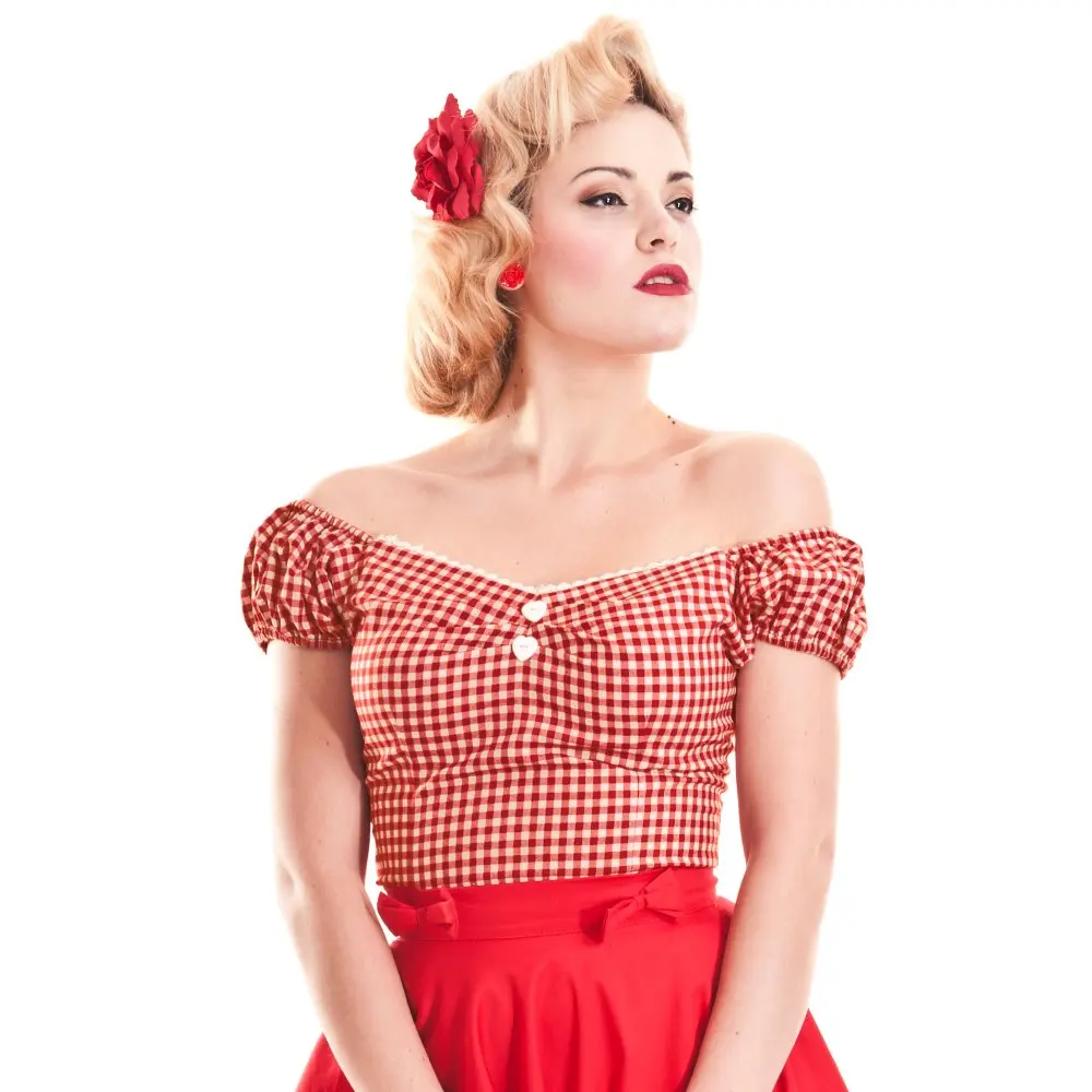 

15- summer women 50's gingham sweetheart neckline off shoulder dolores tops in red pinup vintage shirt plus size retro crop top