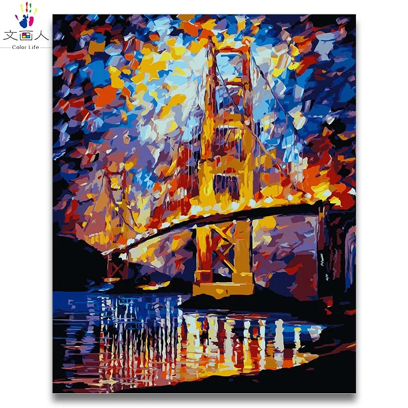 

Colorful thick Building bridge diy oil painting draw coloring pictures by numbers with acrylic paint for women paint with frame