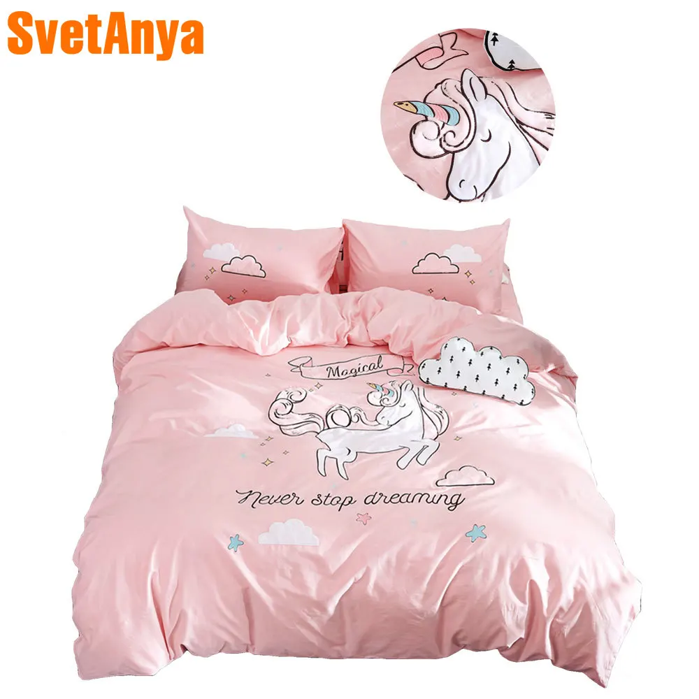 

2018 Pink Unicorn Cartoon Bed Cover Applique Bedding Set Cotton Duvet Cover Set Twin Queen King Bedlinens Sheet Pillowcases