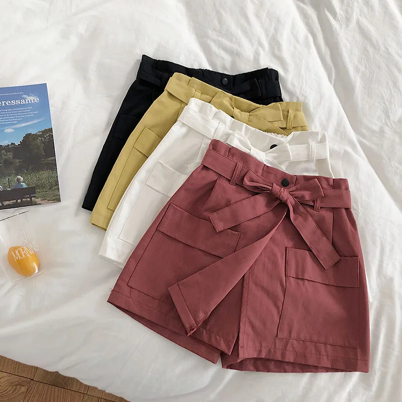 Korobov/летние шорты ярких цветов с асимметричным разрезом, короткие шорты со шнуровкой и бантом, однотонные женские шорты с высокой талией, корейские шорты с карманами, 77745