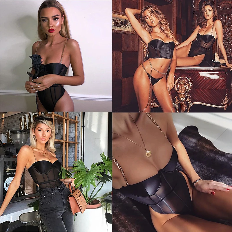 Sexy Black Satin Mesh perspective Summer bodysuit women Lace Up Metal chain bandage jumpsuit beach party Night club overalls New