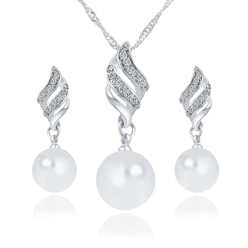 

New Arrival Fashion Women Necklace Earrings Jewelry Sets Silver Gold Link Crystal Simulated Pearl Wedding Party Clear Jewelry