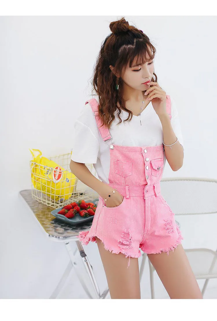 Denim Bibs Schoolgirl 2018 Spring New Loose Korean Thin Thin hole Flashes Fringe Shorts (16)