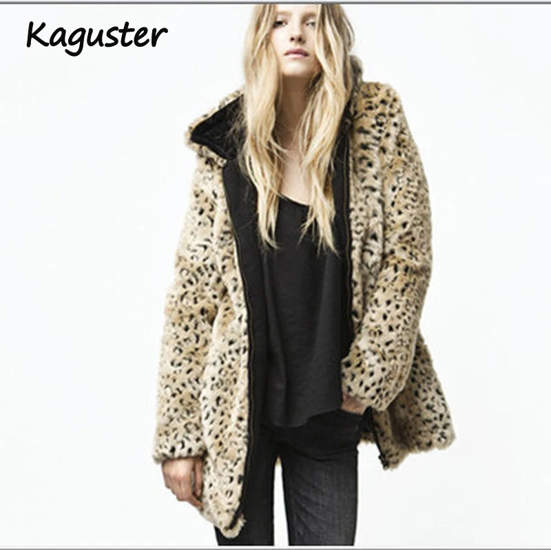 

2019 Women Hooded Dolman Long Sleeve Leopard Turn-down Collar Faux Fur Parkas Coat for Winter jacket warm thick office lady girl