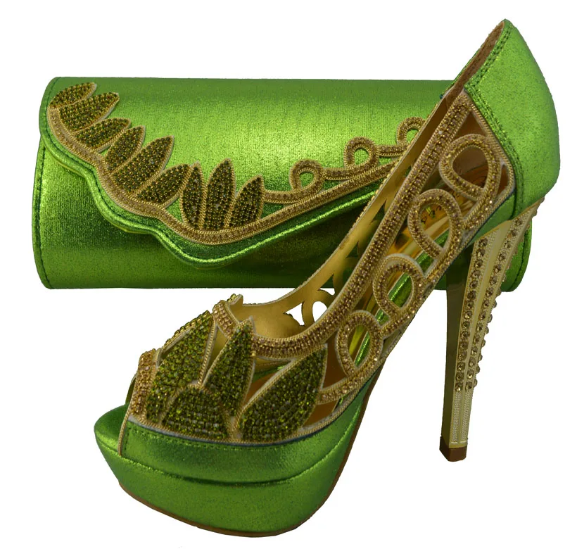 

Excellent African shoes matching handbag sets with beading sequins decoration for party 1308-L37 green, high heel 12cm