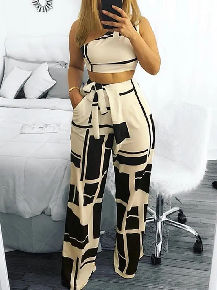 

2 Piece Sets Sexy Strapless One Shoulder Sleeveless Patchwork Crop Top Bow Tie Elastic Waist Loose Long Pants High Quality