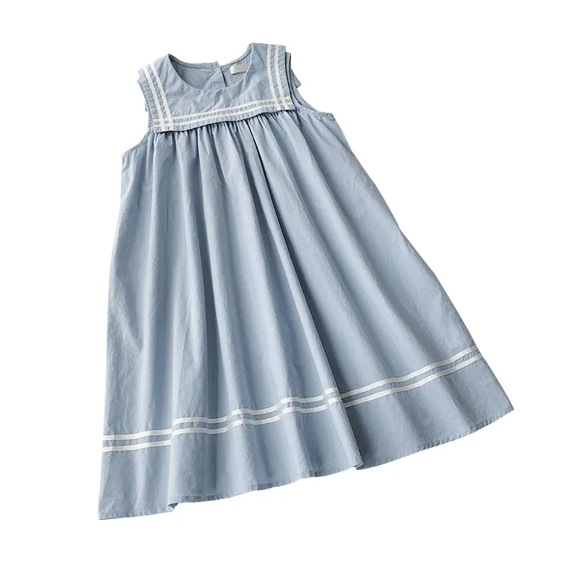 Новинка года, летнее платье для девочек Хлопковое платье принцессы в консервативном стиле с матросским воротником милое платье-майка для отдыха для малышей#5157