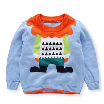 

Cute Baby Boy Sweater Cartoon Pattern Solid Color Knit Pullover O-Collar Children's Top Coat Cotton Breathable Comfortable