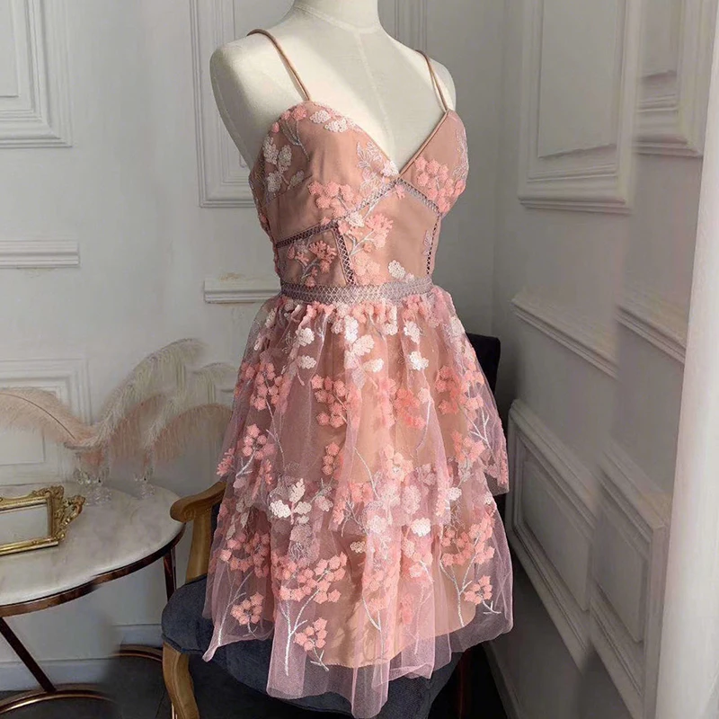 Платье для автопортретов летнее шикарное женское розовое платье с цветочной вышивкой Сексуальное Мини бальное платье на бретельках