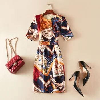 

Vintage Geometric Print Women Dress Elegant O-Neck Short Sleeve OL Dresses F5121