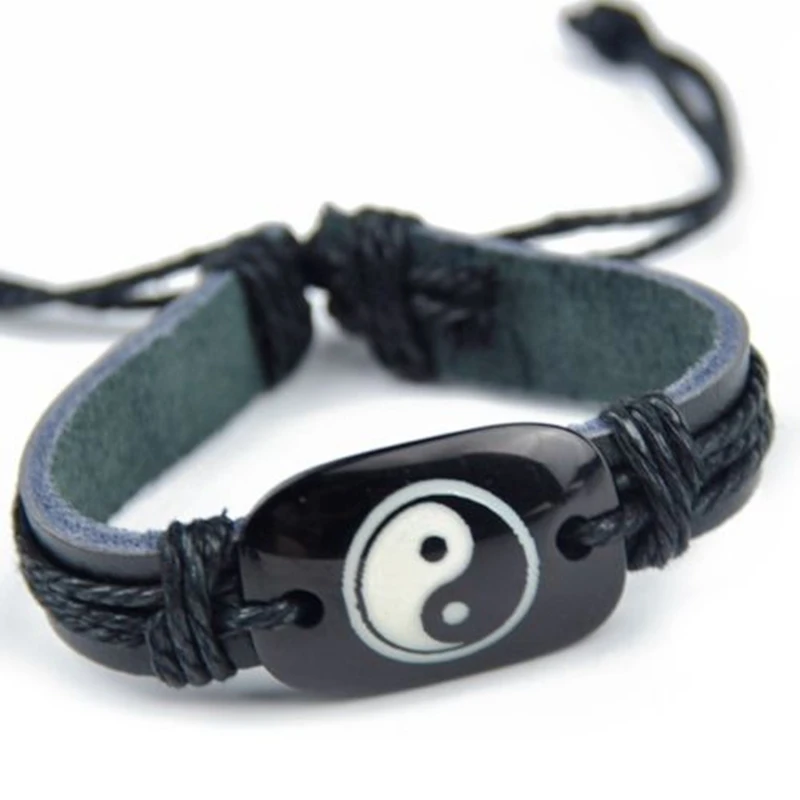 Крутые мужские и женские кожаные браслеты Tai Chi Yin Yang из даосизма, регулируемый браслет из пеньковой веревки, подарок yb08