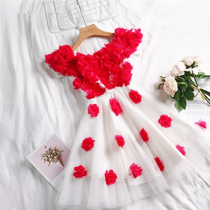 Летние Платья с цветочным принтом для подростков, модное милое платье с объемными цветами и аппликацией из тюля, женское повседневное мини-платье