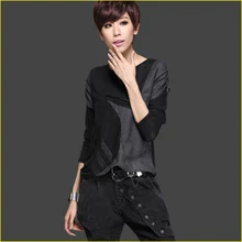 Новое поступление, Женская весенне-осенняя модная Лоскутная открытая черная футболка, Женская Повседневная Уличная футболка высокого качества