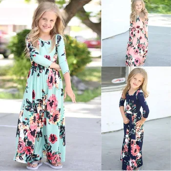 

2019 Summer Bohemian Long / Short Sleeve Print Birthday Party Maxi Dress Floral Child Girls Beach Dress