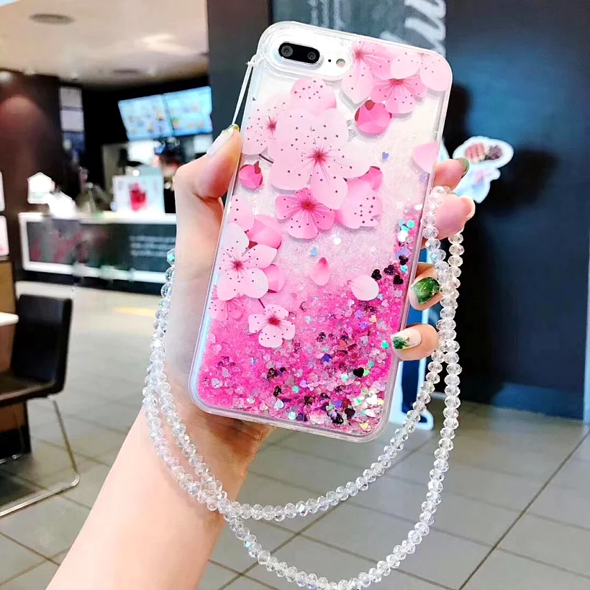 PINK LIPS Luxury Glitter Quicksand Peach blossom Case For iphone  XR X XS Max 6 6S 7 8 Plus Flower Liquid Case With Crystal rope (6)