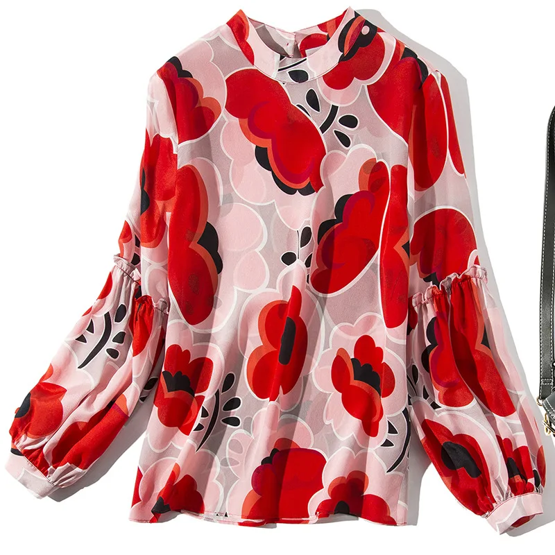 

100%Silk Print Blouse Shirt 2019 Spring Sumer Designer Blouse Women O-Neck Red Flower Pattern Long Sleeve Casual Tops Blouse OL