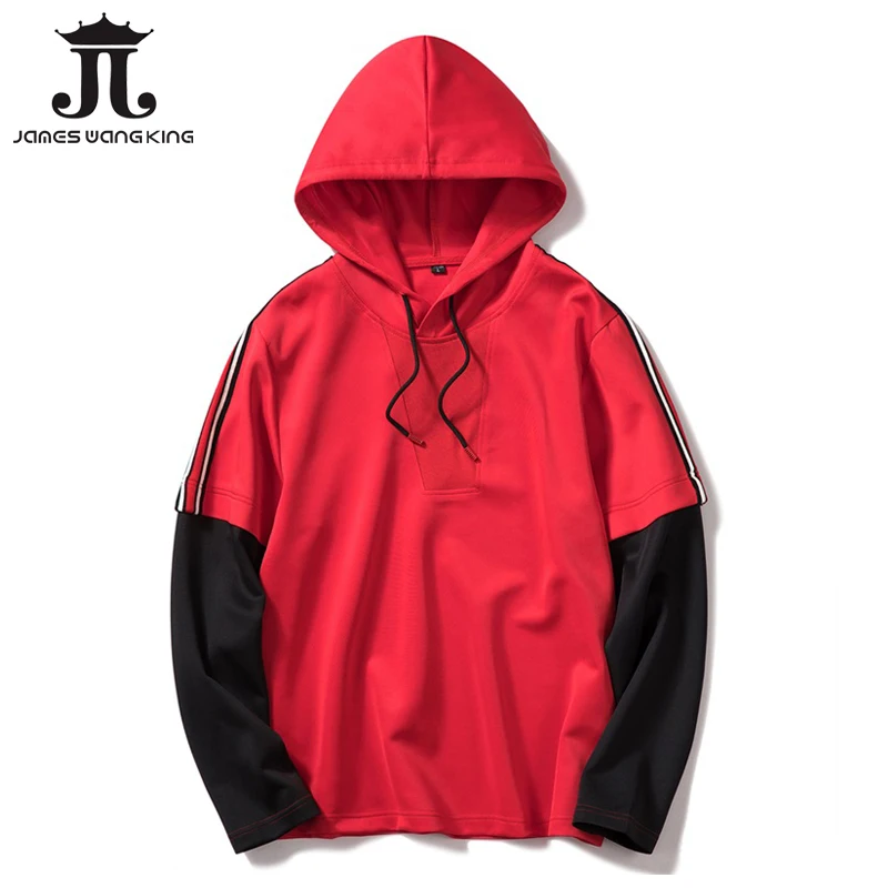 New 2018 Autumn men red Hoodies sweatshirts for man Warm Fleece hip hop patchwork Hoodies