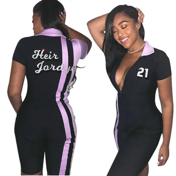 

Summer New Stripes Casual Sports Women Jumpsuits Turn-Down Collar Deep V neck Short Sleeve Fashion Streetwear Black playsuit