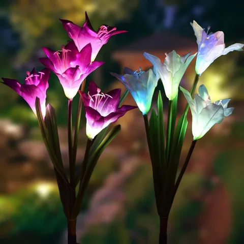 Solar ao ar Luzes de Jardim Movidos a Energia Flor de Lírio Multi-mudança da Cor do Diodo Emissor de Luz Luzes da Estaca Solar com 8 Livre Jogo-pacote Luzes Solar 2