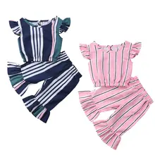 Популярная новинка, полосатая футболка без рукавов для маленьких девочек+ расклешенные длинные штаны, комплект одежды, повседневная одежда летние костюмы От 1 до 5 лет