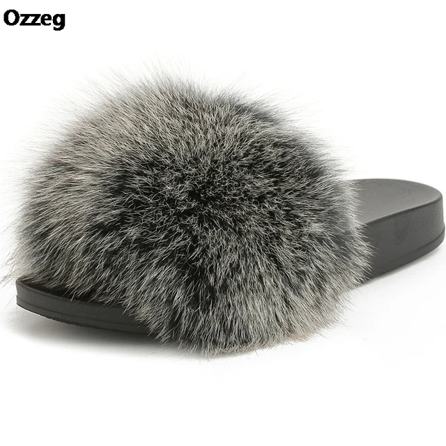 Fox Hair Slippers Women Fur Home Fluffy Sliders Plush Furry Summer Flats Sweet Ladies Shoes Large Size 45 Hot Sale Cute Pantufas