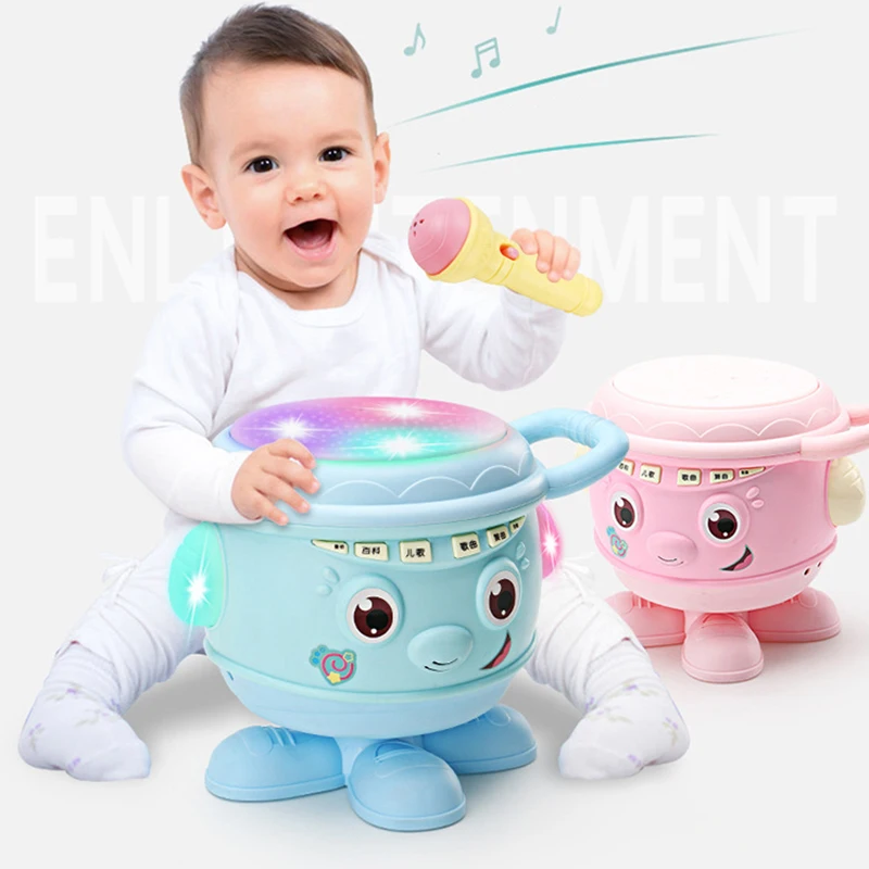 

Baby Musical Instrument Toys Hand Drum & Microphone Pink/Blue Children Projector Lights Sounds Stories Educational Toys for Kids