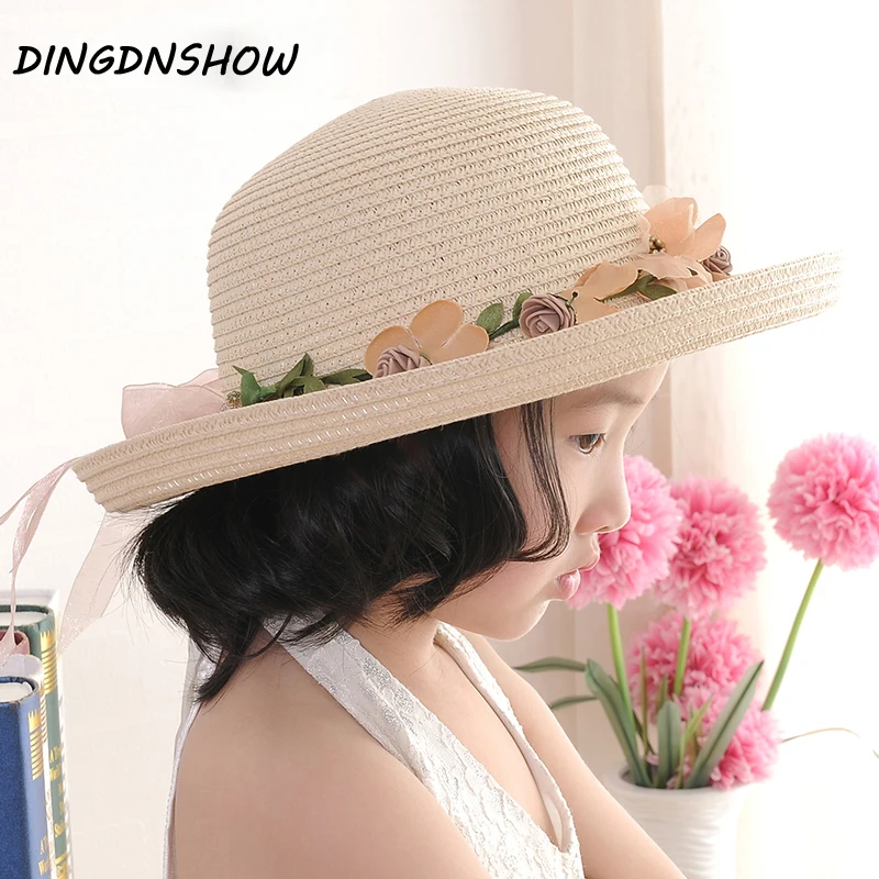 [DINGDNSHOW] 2019 الأزياء قبعة الشمس طفل زهرة قبعة صيفية لفتاة Bowknot شاطئ كاب الأطفال القش قبعة واسعة قبعة لها حواف