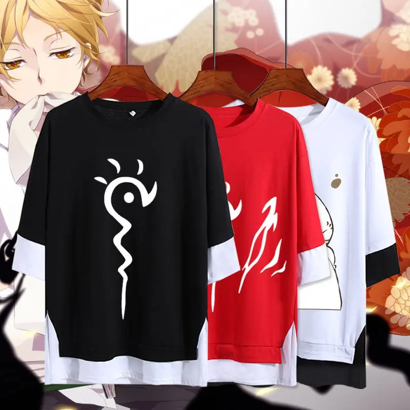 

Natsume Yuujinchou Fake Two-piece T-shirts Cute Cat Teacher Men Women t shirt Joint Tops Tees Black White Red Cosplay Costumes