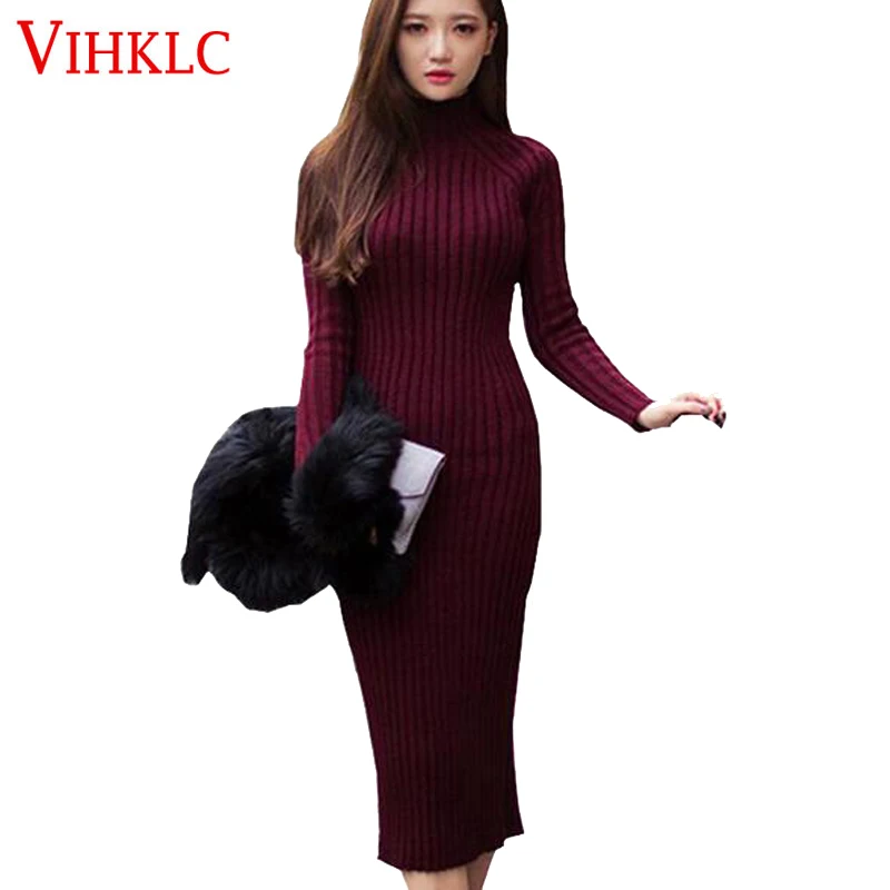 

2017 Fashion Women Winter Dress Turtleneck Long Sleeve Knitted Sweater Dress Slim Sexy Long Dress Women Sweaters Pullovers AY31
