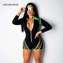 ANJAMANOR модные цельные наряды неоновые зеленые сетчатые сексуальные пляжные женские комбинезоны размера плюс женские комбинезоны D29-AD13