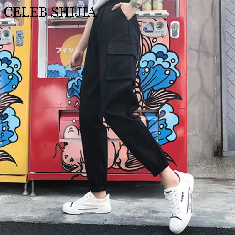 Новый Harajuku повседневное зеленый женские брюки-карго в полоску эластичные штаны с высокой талией Капри уличная корейский Пот брюки для
