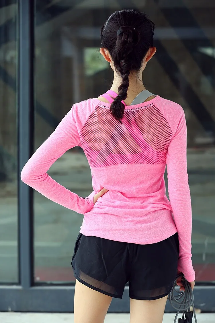Новая женская футболка с длинным рукавом для йоги фитнес быстросохнущая Сетка открытая Открытая Майка для бодибилдинга Спортивная одежда для бега